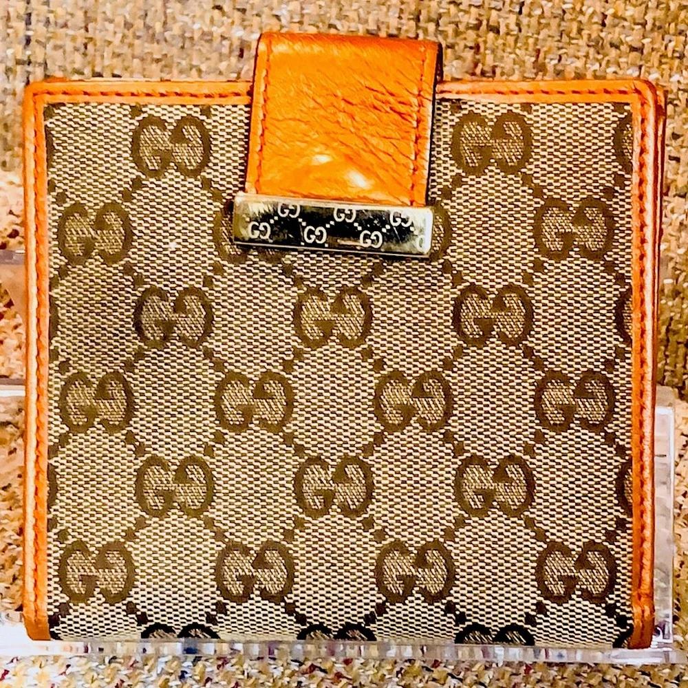 GUCCI GG Monogram Orange Leather Tan Canvas Trifold Wallet Vintage AUTHENTIC